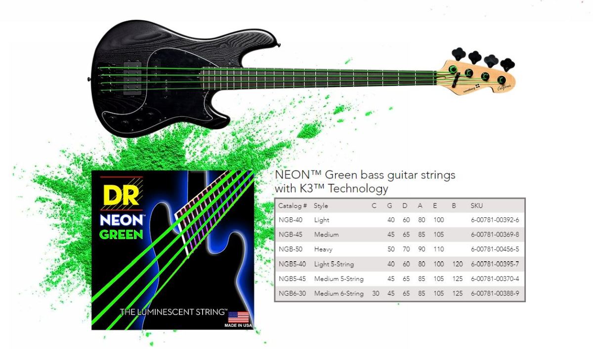 DR Strings NGB-45 NEON Green Coated Nickel Plated Bass Strings | 4-String Medium (045 - 105) |  DR STRINGS |  STRINGS-BASS GUITAR |  Zoso Music