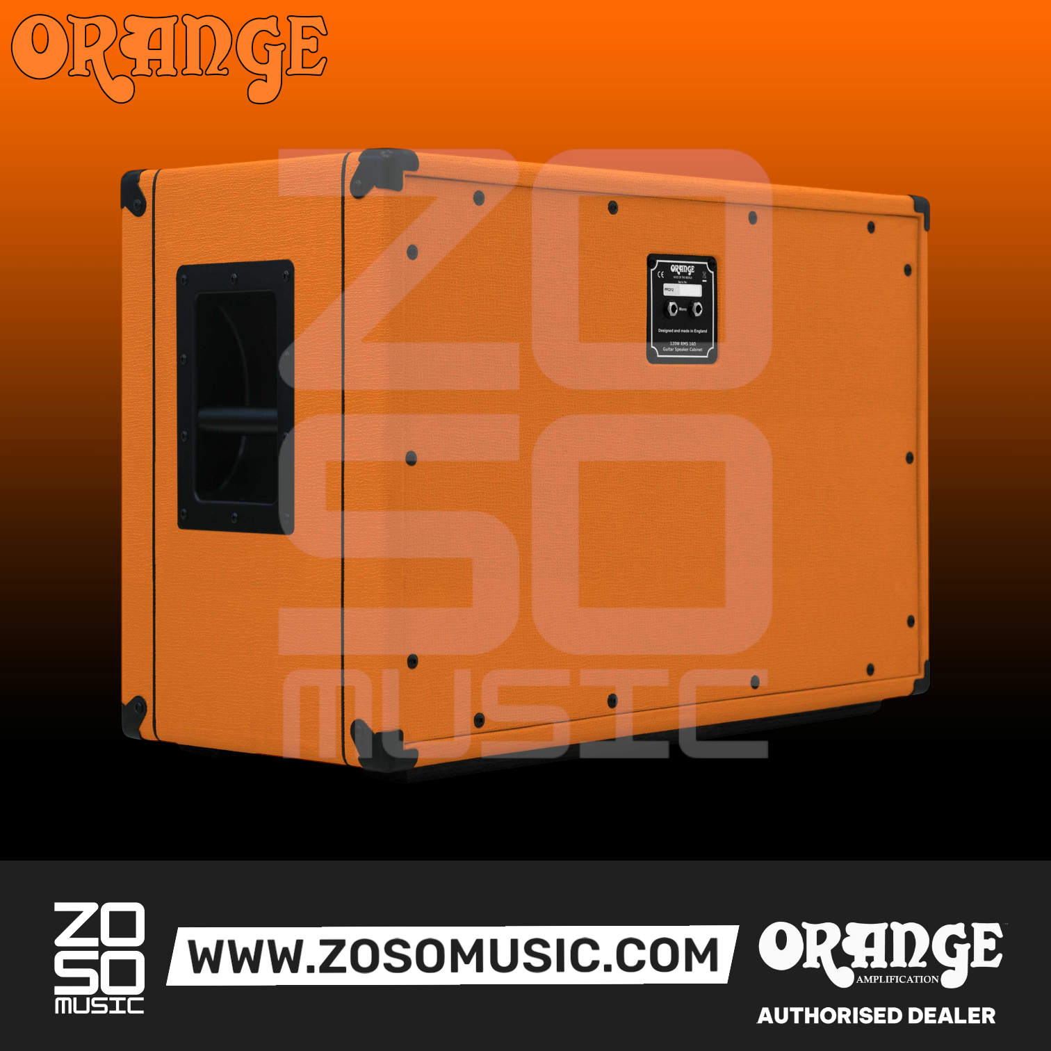 Zoso Music Orange PPC212 2x12 guitar speaker cabinet in signature orange finish with recessed side handles