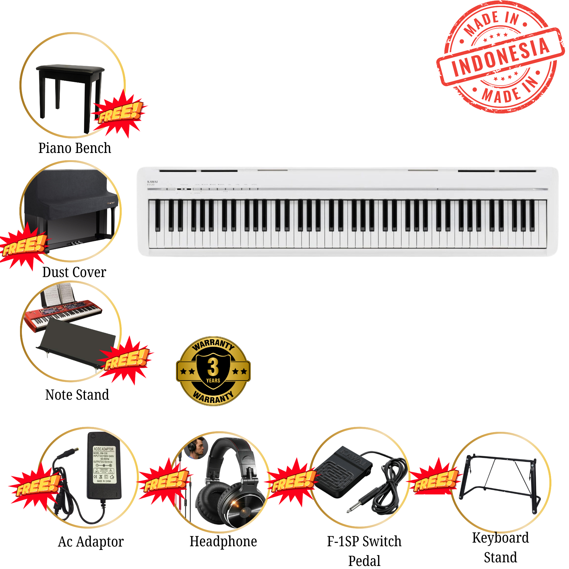 Kawai ES-120 Portable Digital Home Piano - White