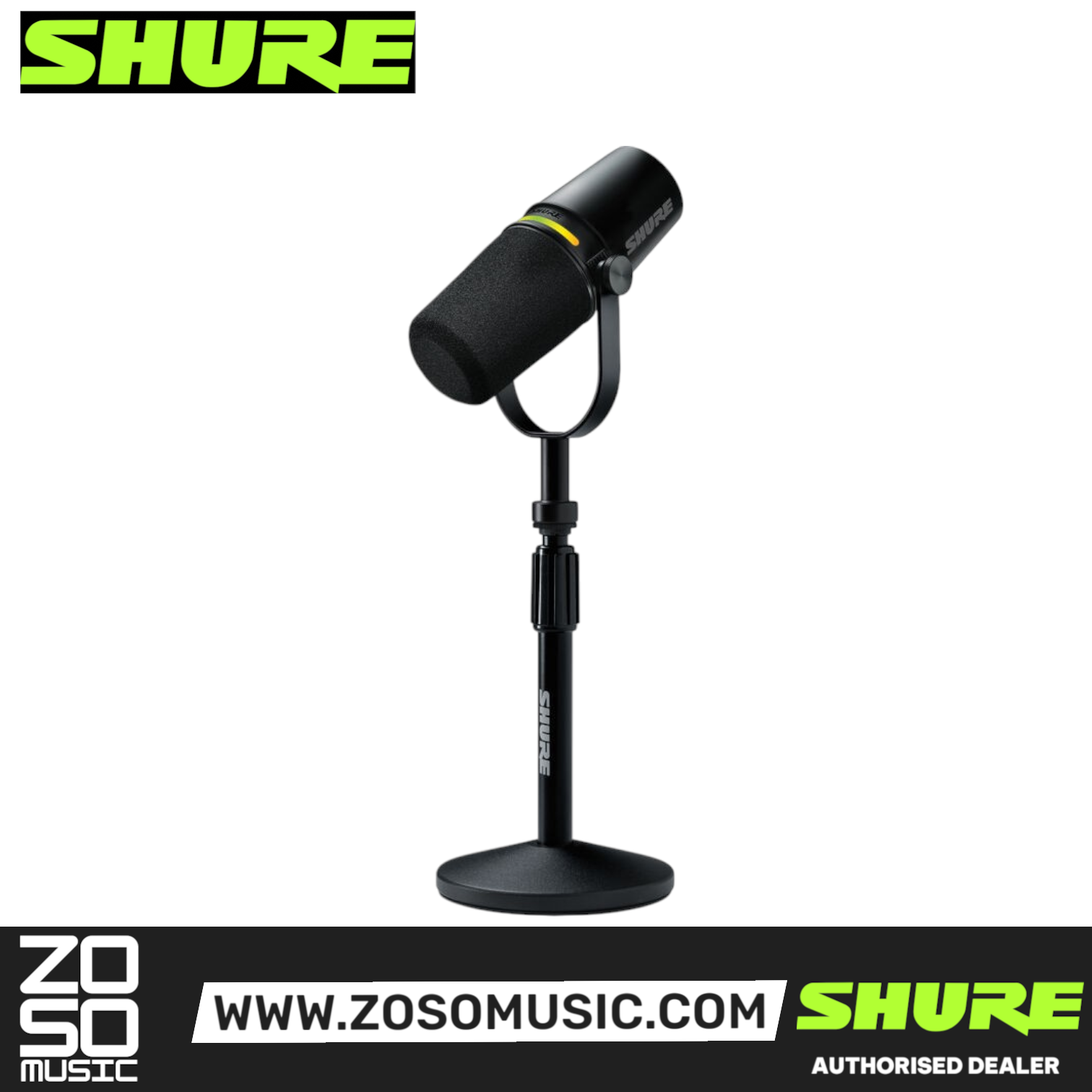 Zoso Music Shure MV7+-K black dynamic podcast microphone with desktop stand and LED touch panel