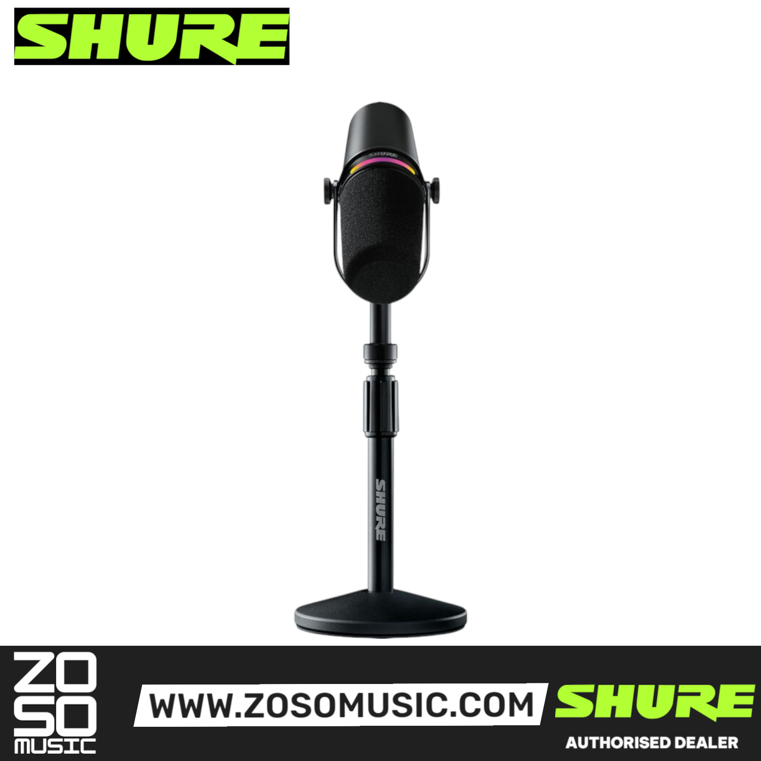 Zoso Music Shure MV7+-K black dynamic podcast microphone with LED touch panel and adjustable Gator desktop stand