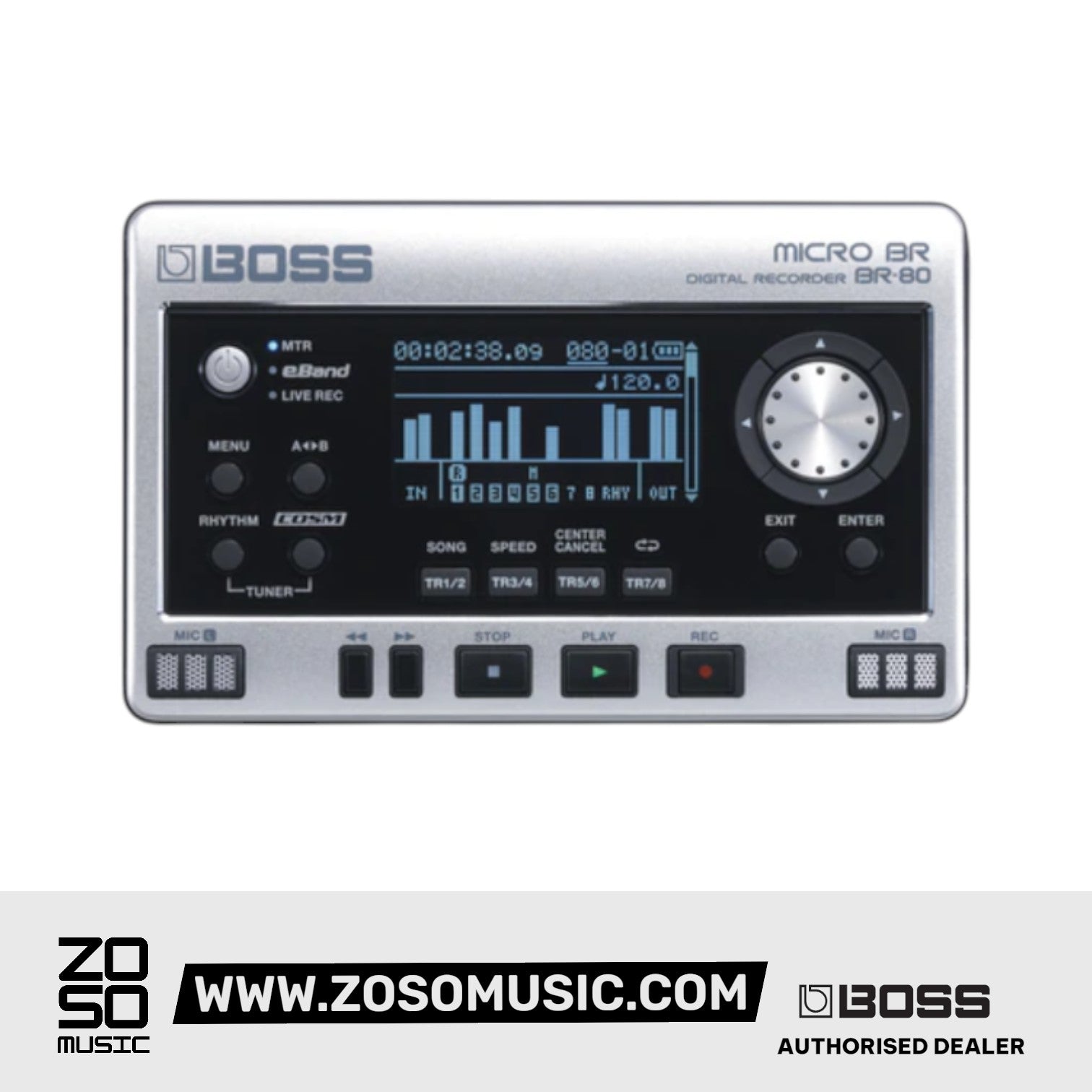 BOSS BR-80 MICRO BR 8-TRACK DIGITAL RECORDER/AUDIO INTERFACE WITH 2-TRACK SIMULTANEOUS RECORDING, 8-TRACK PLAYBACK, 64 VIRTUAL TRACKS, AND COSM EFFECTS | BOSS , Zoso Music