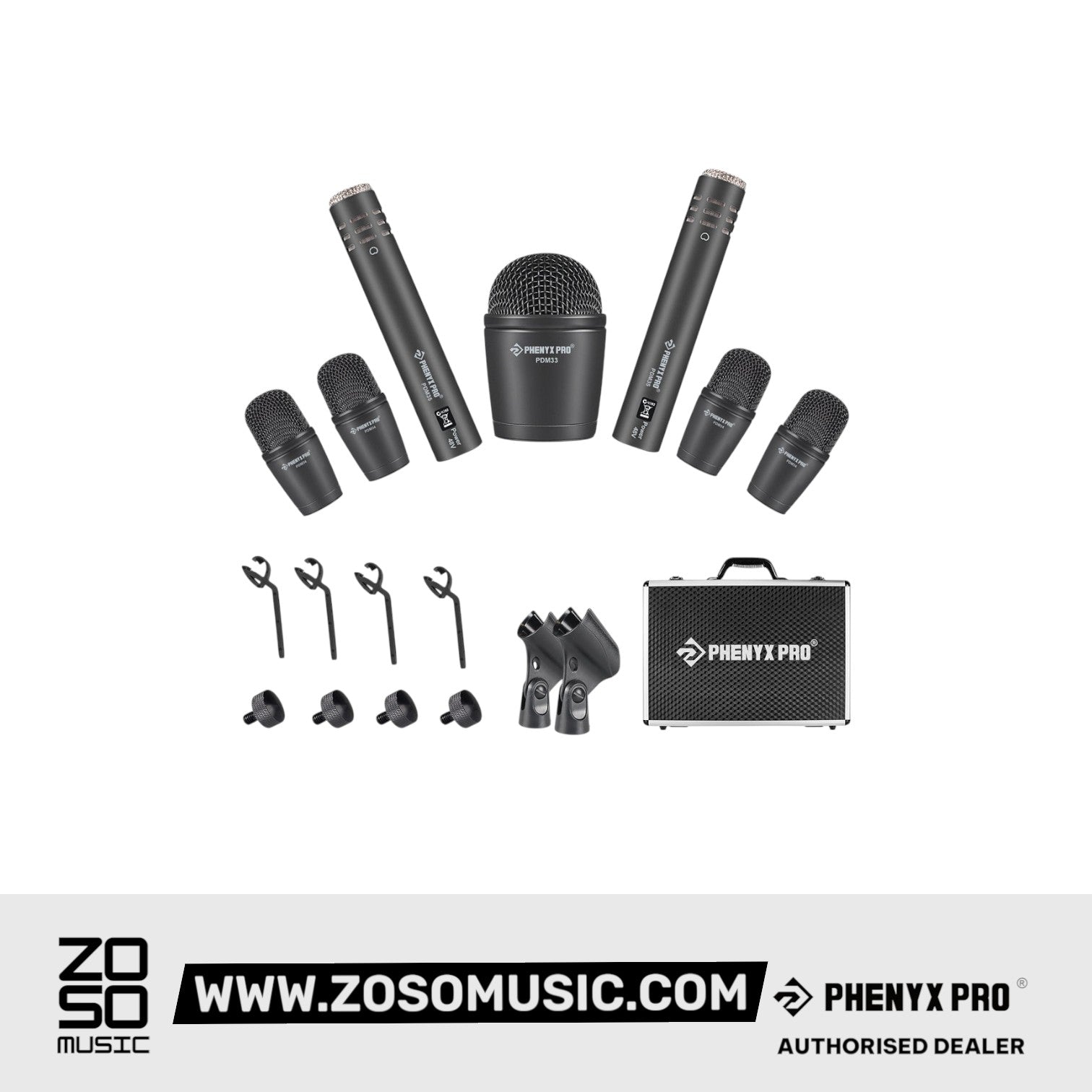 Phenyx Pro PTD-10 Drum Microphone Kit, Drum Mics 7-Pieces, Full Metal Wired Dynamic Drum Mic Set for Bass/Tom/Snare/Hi-hat Cymbals |  PHENYX PRO |  WIRELESS-ANTENNA |  Zoso Music