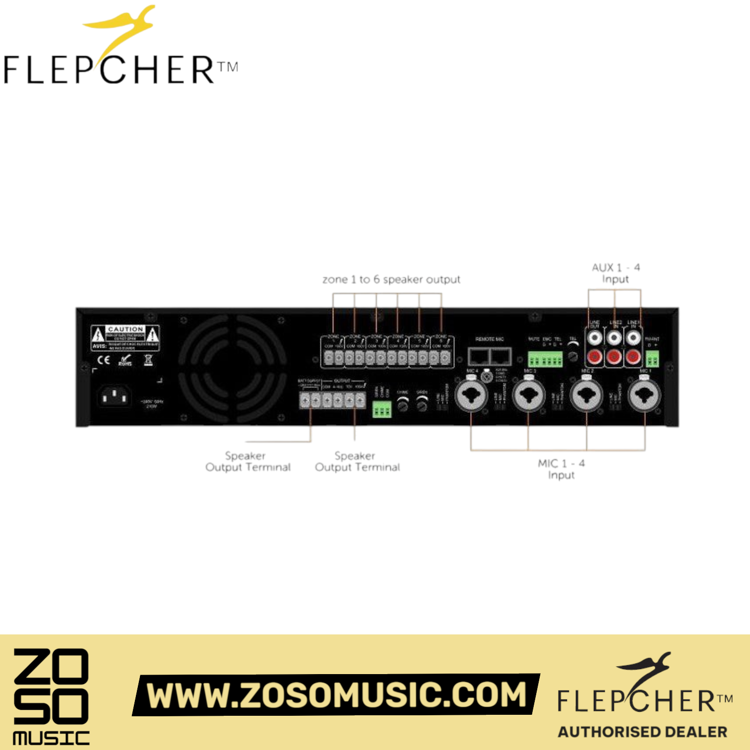 Flepcher 120W/240W 6 Zones Mixer amplifier with MP3/Tuner/Bluetooth & Euro Block Connector |  FLEPCHER |  POWER AMPLIFIER |  Zoso Music