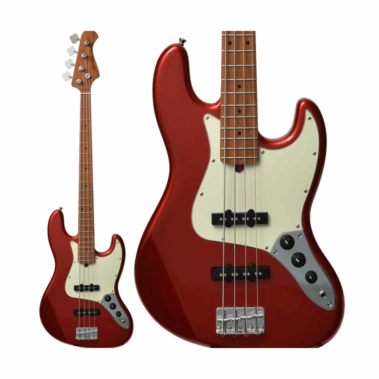 BACCHUS BJB-1-RSM/M-CAR UNIVERSE SERIES ROASTED MAPLE ELECTRIC BASS, CANDY APPLE RED WITH BAG