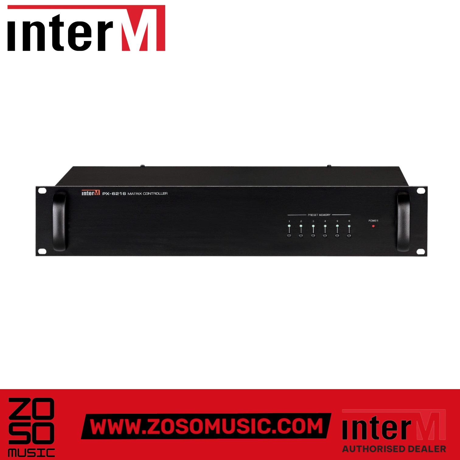 Zoso Music Inter-M PX6216 digital audio matrix controller in a black rack-mount chassis with preset memory buttons.