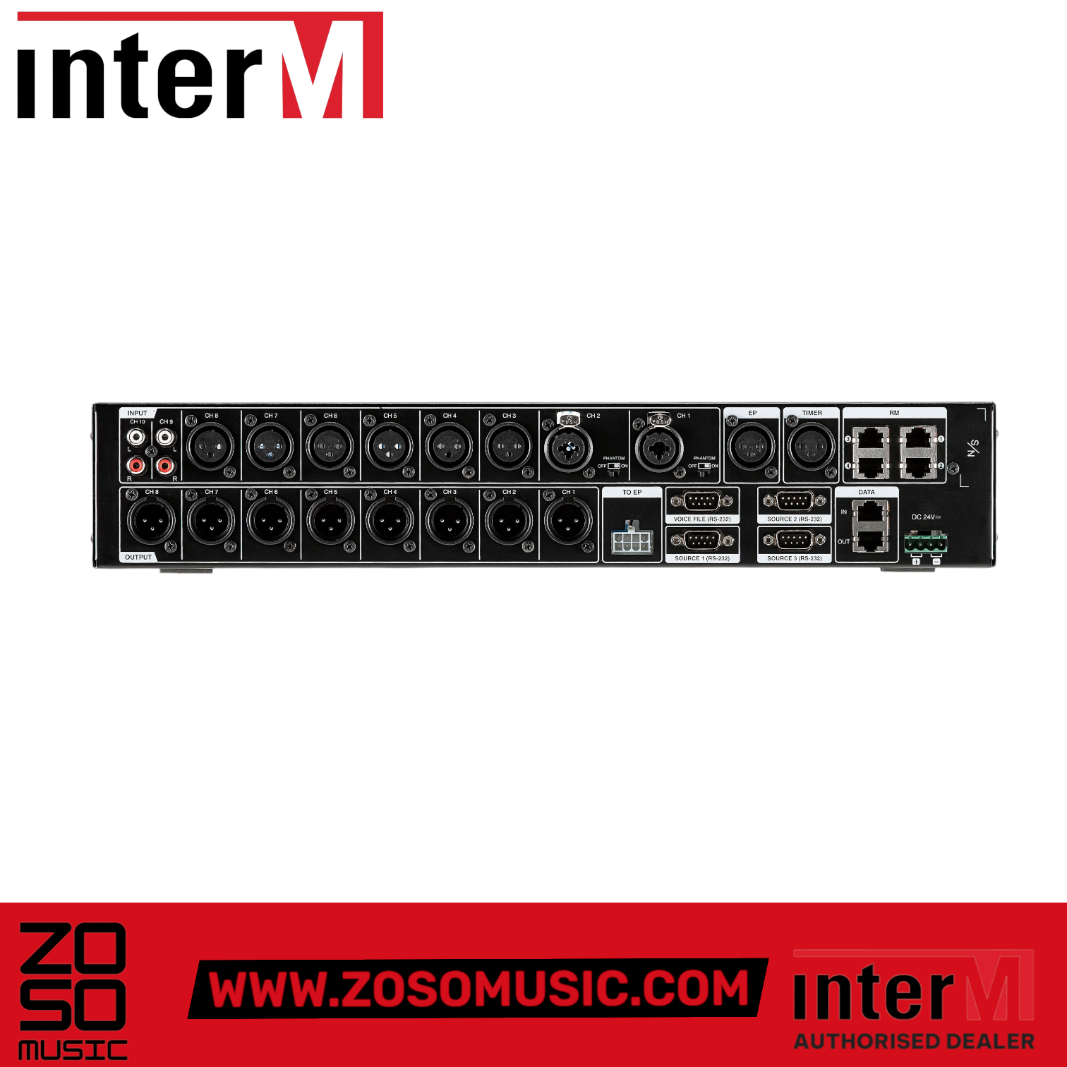 Zoso Music Inter-M PX6216 digital audio matrix rear panel showing XLR inputs, outputs, and RS-232 communication ports.