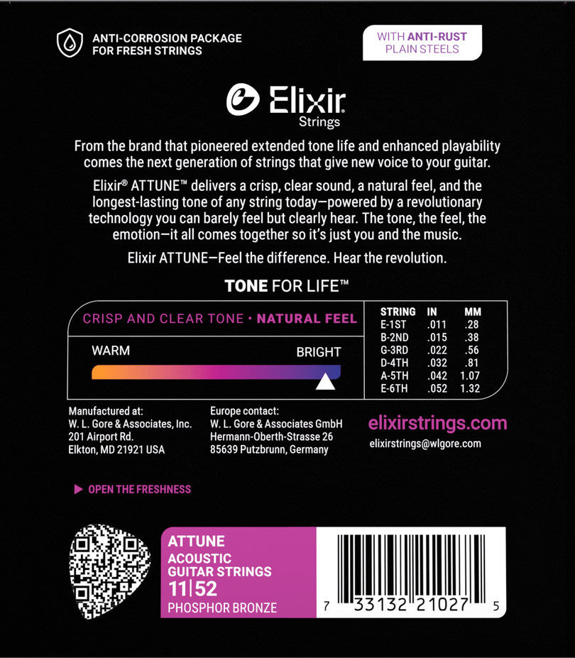 Elixir 21027 Attune Phosphor Bronze Acoustic Guitar Strings Custom Light 11-52 |  ELIXIR |  STRINGS-ELECTRIC GUITAR |  Zoso Music