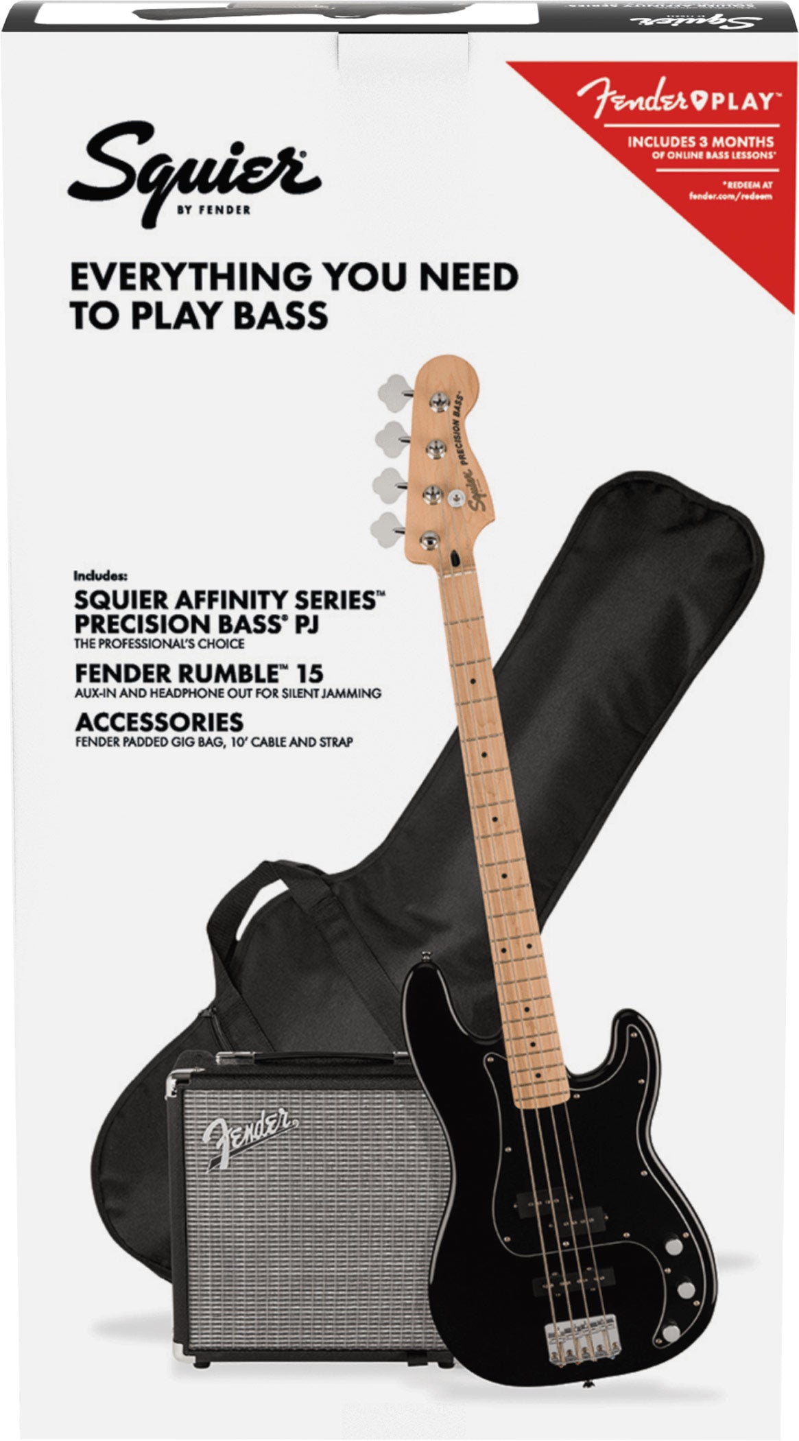 Squier Affinity Series Pj Bass Guitar Pack, Maple Fb, Black, 230v, Uk