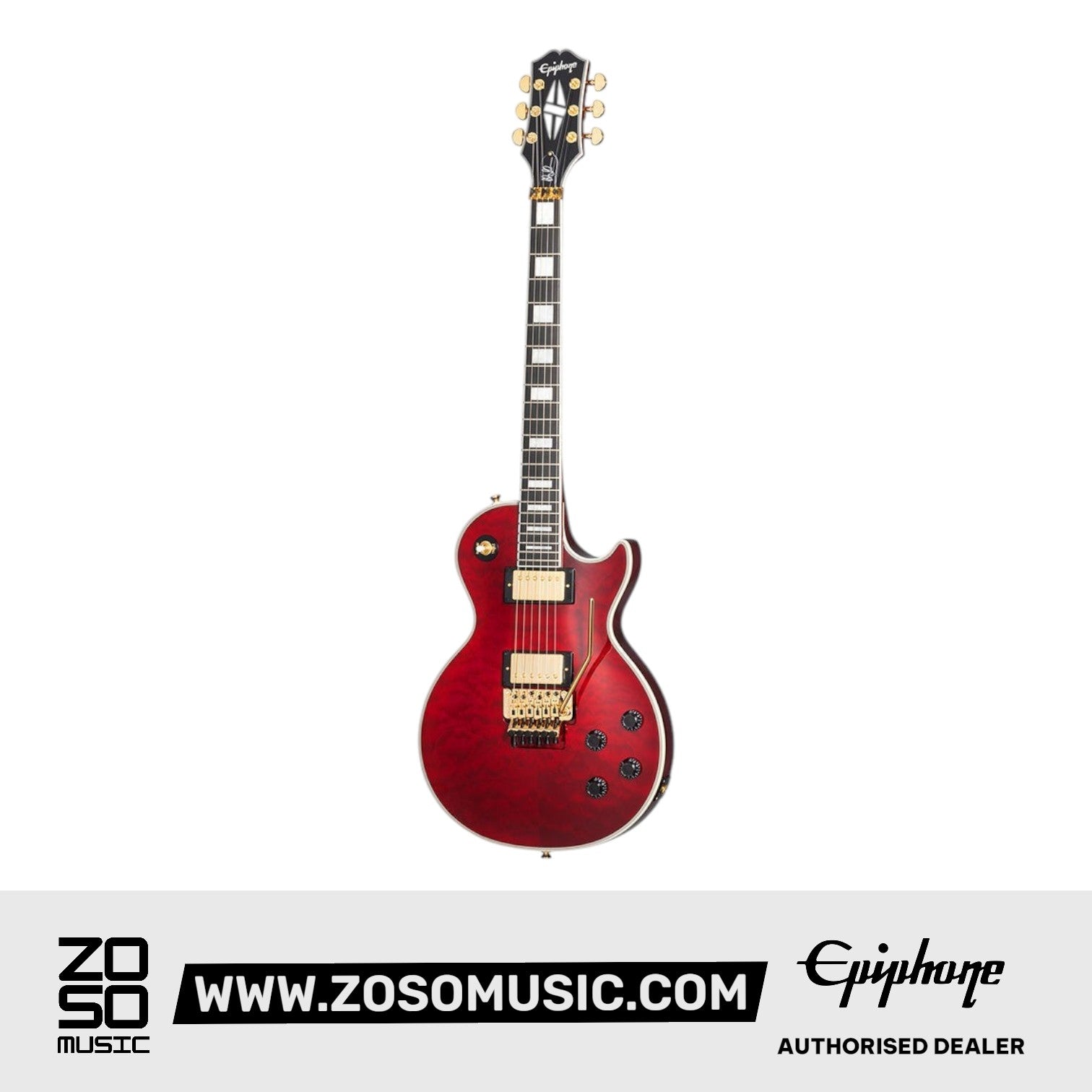 Epiphone EILPACQALRUBGH1 Alex Lifeson Les Paul Custom Axcess Electric Guitar, Case Included - Ruby |  EPIPHONE |  ELECTRIC GUITAR |  Zoso Music
