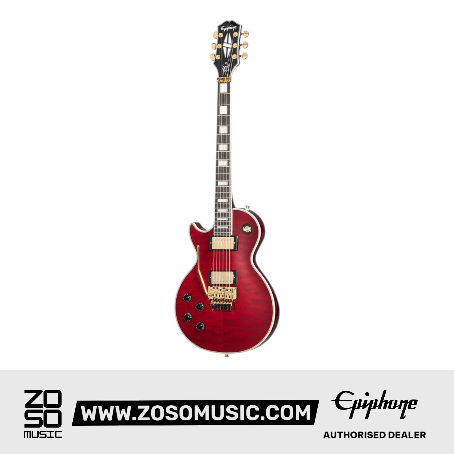 Epiphone EILPACQALRUBGH1L Alex Lifeson Les Paul Custom Axcess Left-handed Electric Guitar, Case Included - Ruby |  EPIPHONE |  ELECTRIC GUITAR |  Zoso Music