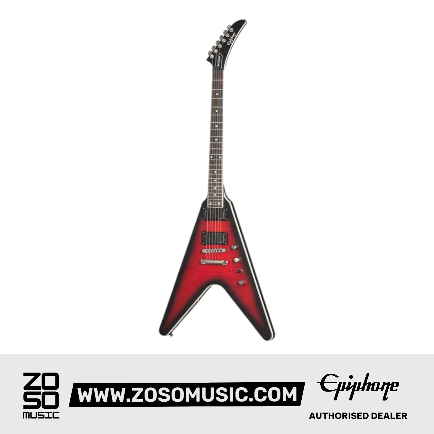 Epiphone EIGYVFDMDRBH3 Dave Mustaine Prophecy Flying V Figured Electric Guitar, Aged Dark Red Burst |  EPIPHONE |  ELECTRIC GUITAR |  Zoso Music