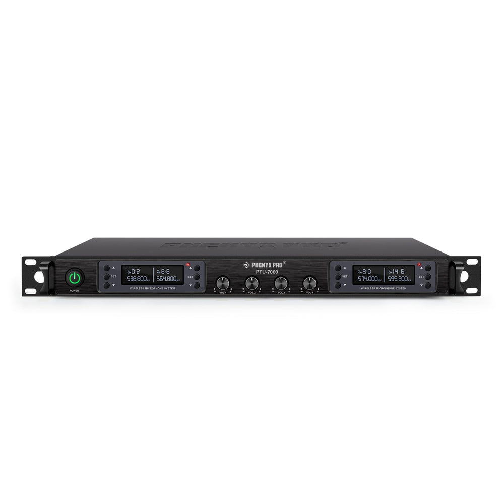 Phenyx Pro PTU-7000-2H2B Quad Wireless Microphone System w/ 4x40 UHF Channels, Auto Scan, 2 Handheld Dynamic Mics, 2 Bodypacks & Headsets/Lapel Microphones