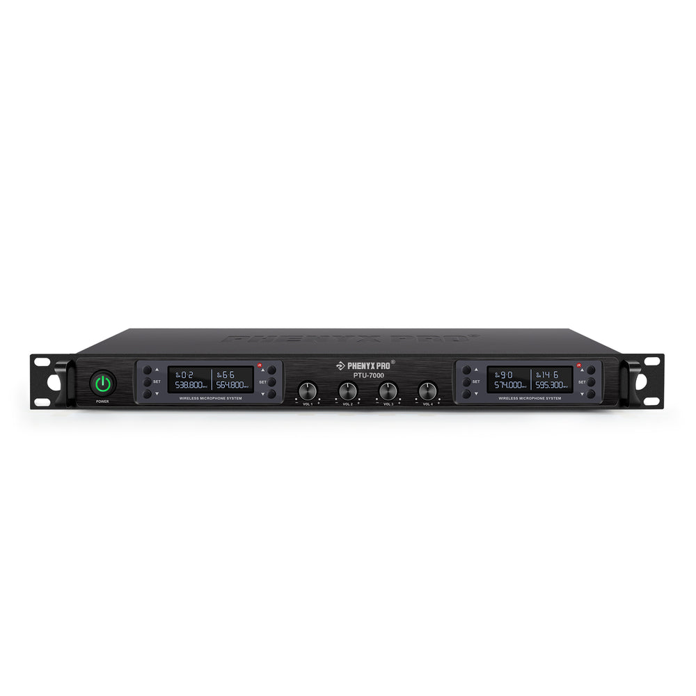 Phenyx Pro Best Budget Wireless PTU-7000B 4-channel UHF Wireless Microphone System, with with 4x Bodypacks, 4x Headset Mic, 4x Lapel Mics