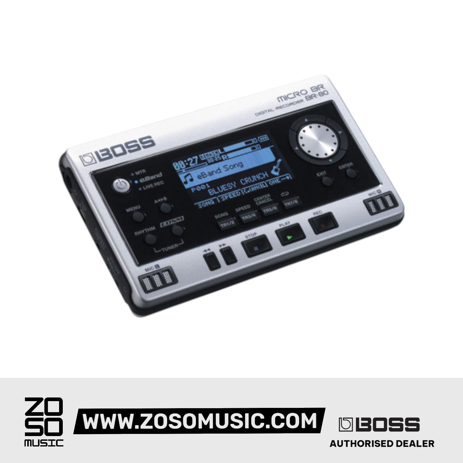BOSS BR-80 MICRO BR 8-TRACK DIGITAL RECORDER/AUDIO INTERFACE WITH 2-TRACK SIMULTANEOUS RECORDING, 8-TRACK PLAYBACK, 64 VIRTUAL TRACKS, AND COSM EFFECTS | BOSS , Zoso Music
