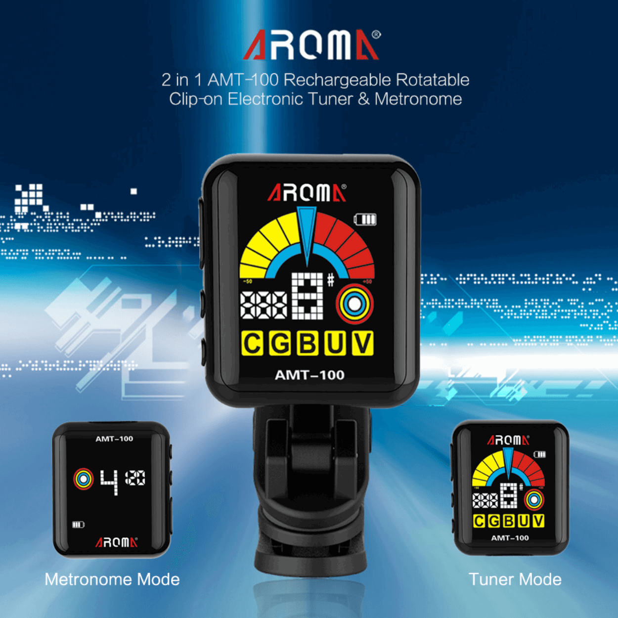 Aroma AMT100 USB Rechargeable Clip On Guitar Tuner | AROMA , Zoso Music