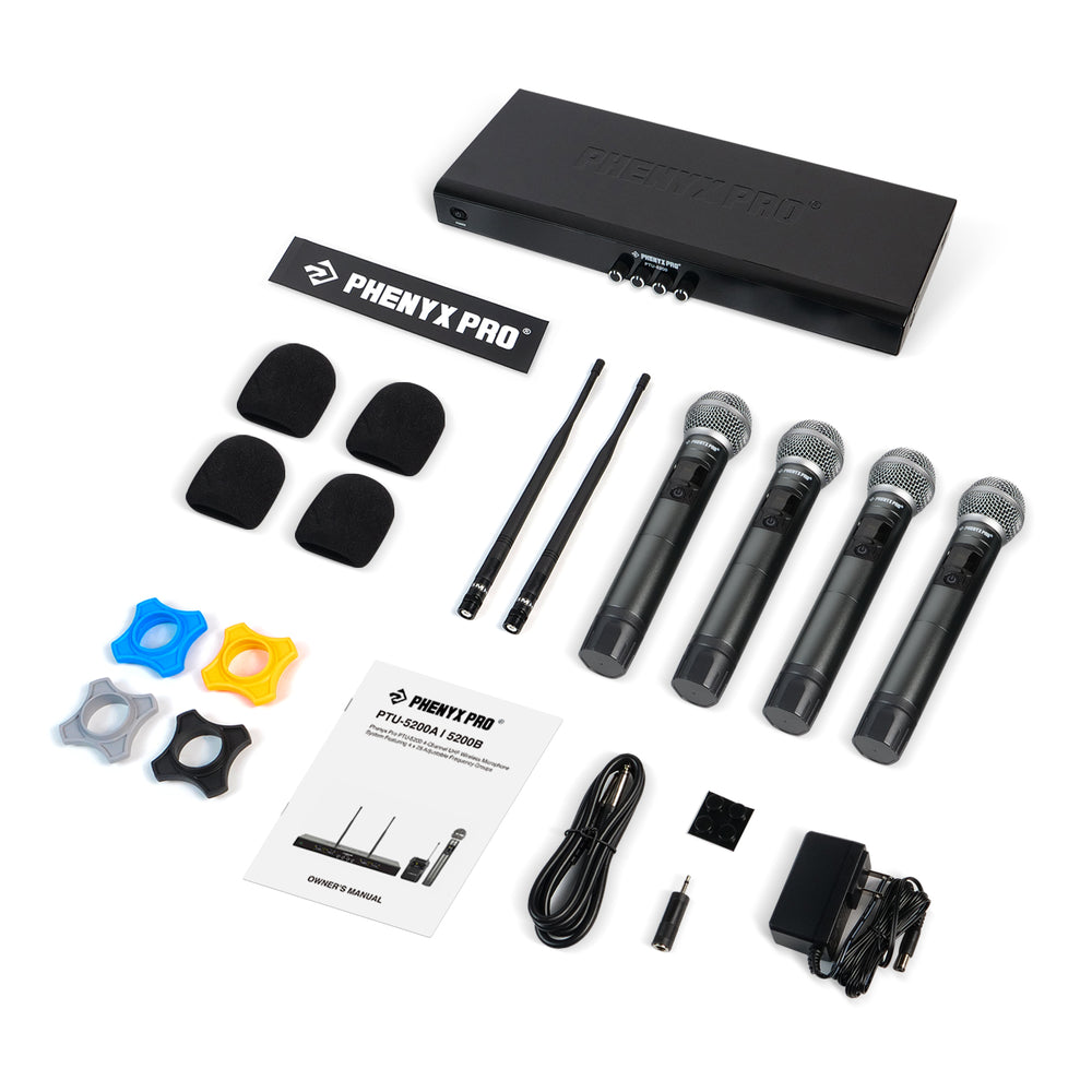 Phenyx Pro PTU-5200-4H Quad UHF Wireless Microphone System, 4 Cordless Mics, 4x25 UHF Adjustable Frequencies, 200ft Range