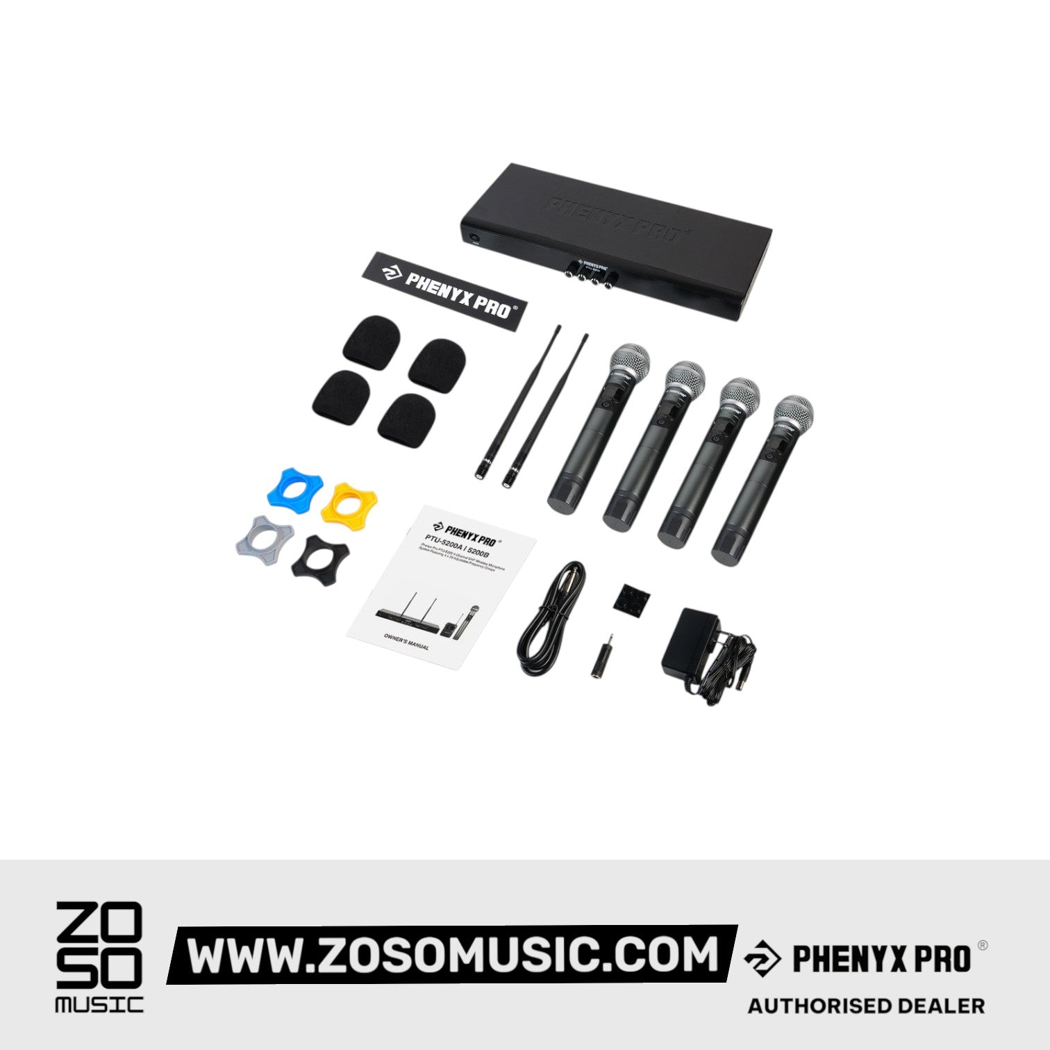 Phenyx Pro PTU-5200-4H Quad UHF Wireless Microphone System, 4 Cordless Mics, 4x25 UHF Adjustable Frequencies, 200ft Range |  PHENYX PRO |  WIRELESS-ANTENNA |  Zoso Music