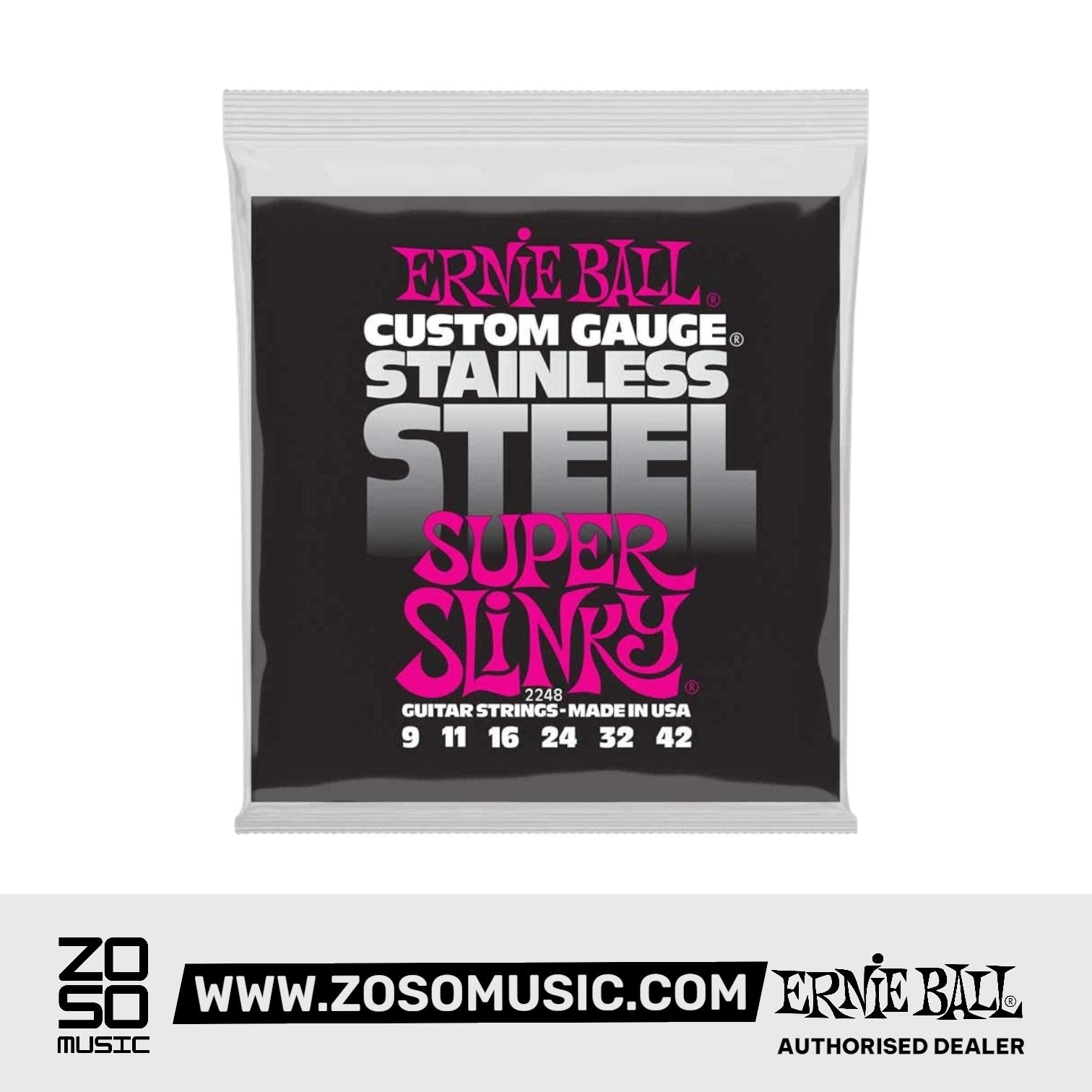 Ernie Ball Super Slinky Stainless Steel Wound Electric Guitar Strings, 9-42 | Zoso Music Sdn Bhd