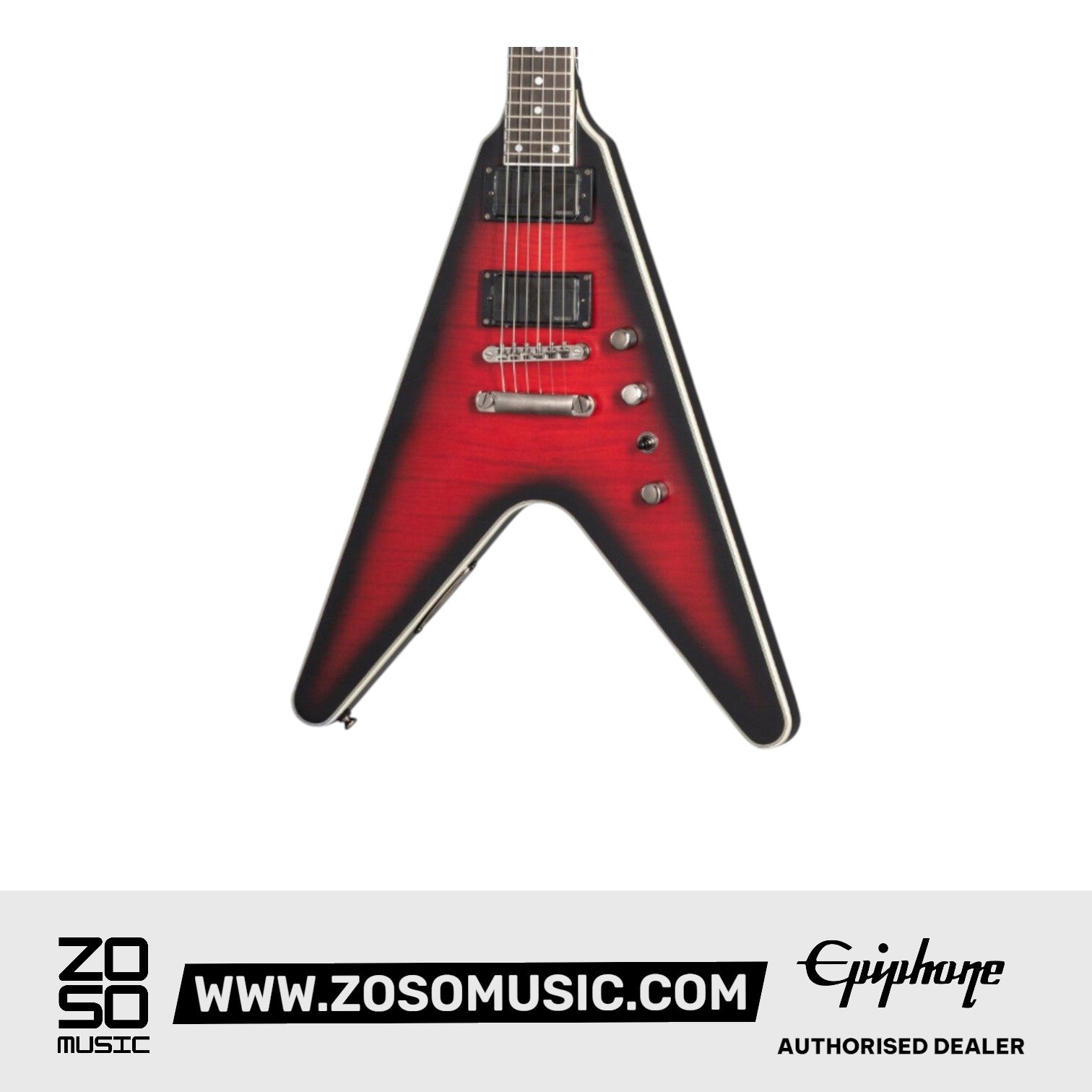 Epiphone EIGYVFDMDRBH3 Dave Mustaine Prophecy Flying V Figured Electric Guitar, Aged Dark Red Burst |  EPIPHONE |  ELECTRIC GUITAR |  Zoso Music