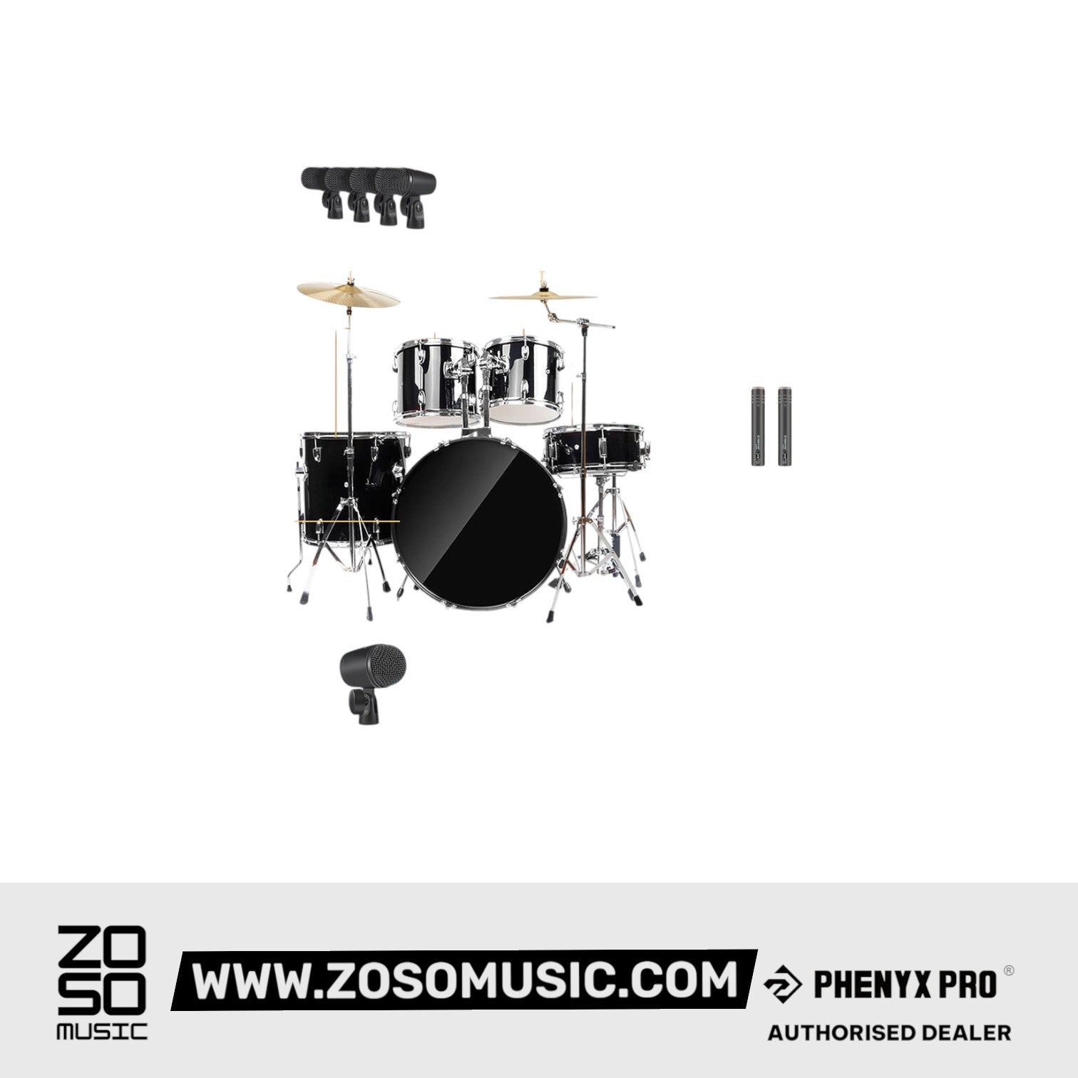 Phenyx Pro PTD-10 Drum Microphone Kit, Drum Mics 7-Pieces, Full Metal Wired Dynamic Drum Mic Set for Bass/Tom/Snare/Hi-hat Cymbals |  PHENYX PRO |  WIRELESS-ANTENNA |  Zoso Music