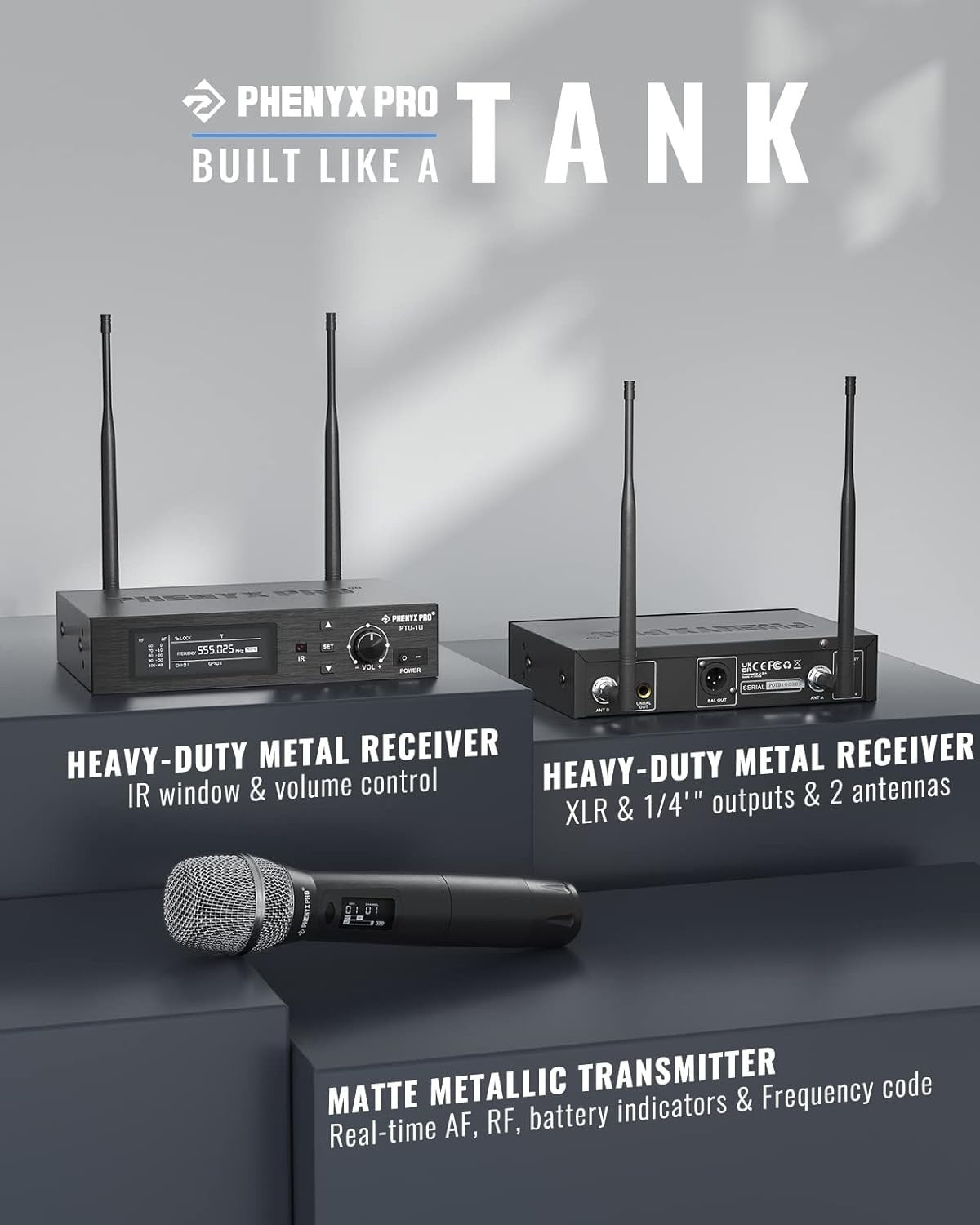 Phenyx Pro Best Budget Wireless PTU-1U UHF Professional Dynamic Microphone, 328ft Range |  PHENYX PRO |  WIRELESS-ANTENNA |  Zoso Music