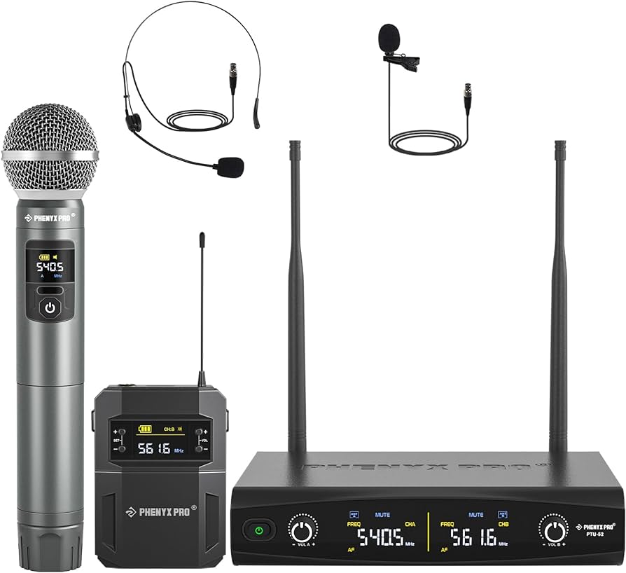 Phenyx Pro Best Budget Wireless PTU-52B Dual Wireless Microphone System - 30 Adjustable Frequency
