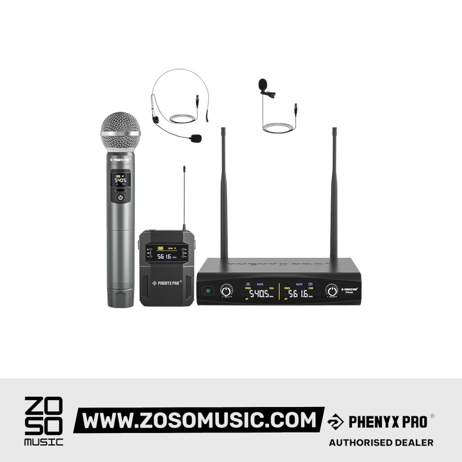 Phenyx Pro Best Budget Wireless PTU-52B Dual Wireless Microphone System - 30 Adjustable Frequency |  PHENYX PRO |  WIRELESS-ANTENNA |  Zoso Music