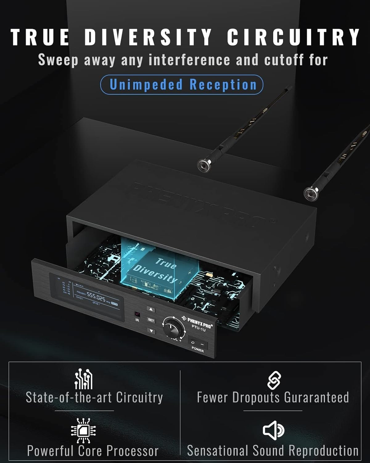 Phenyx Pro Best Budget Wireless PTU-1U UHF Professional Dynamic Microphone, 328ft Range |  PHENYX PRO |  WIRELESS-ANTENNA |  Zoso Music