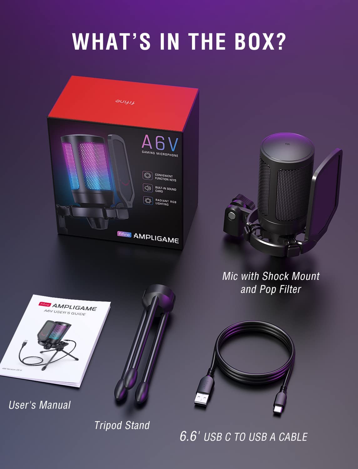 FIFINE A6V Gaming USB Microphone, FIFINE Condenser Mic with Quick Mute, RGB Indicator, Tripod Stand, Pop Filter, Shock Mount, for PC, Playstation, Streaming Discord Twitch Podcasts Videos