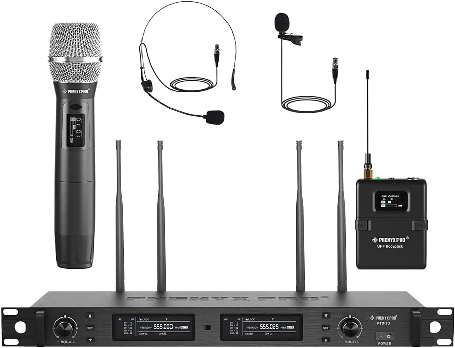 Phenyx Pro Best Budget Wireless PTU-71B Dual Wireless Microphone System, with 1x Handheld Microphone, 1x Bodypack 1x Headset Mic, 1x Lapel Mics | Zoso Music Sdn Bhd