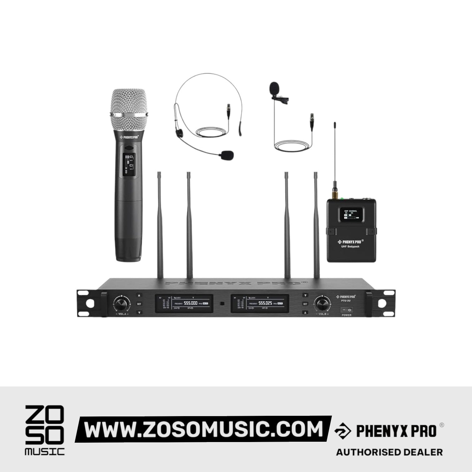 Phenyx Pro PTU-2U-1H1B Wireless Microphone System, True Diversity Dual Cordless Microphone Set w/UHF HandheldMicrophone |  PHENYX PRO |  WIRELESS-ANTENNA |  Zoso Music