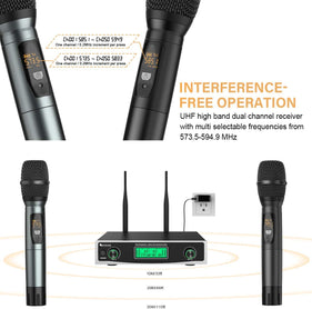 FIFINE K040 Dual Wireless Microphone System, Fifine Two Handheld Dynamic Cordless Mic and Dual Channel Receiver, 50 Selectable UHF Frequency for Karaoke Singing Party, Church, DJ, Wedding, School Presentation (K-040)