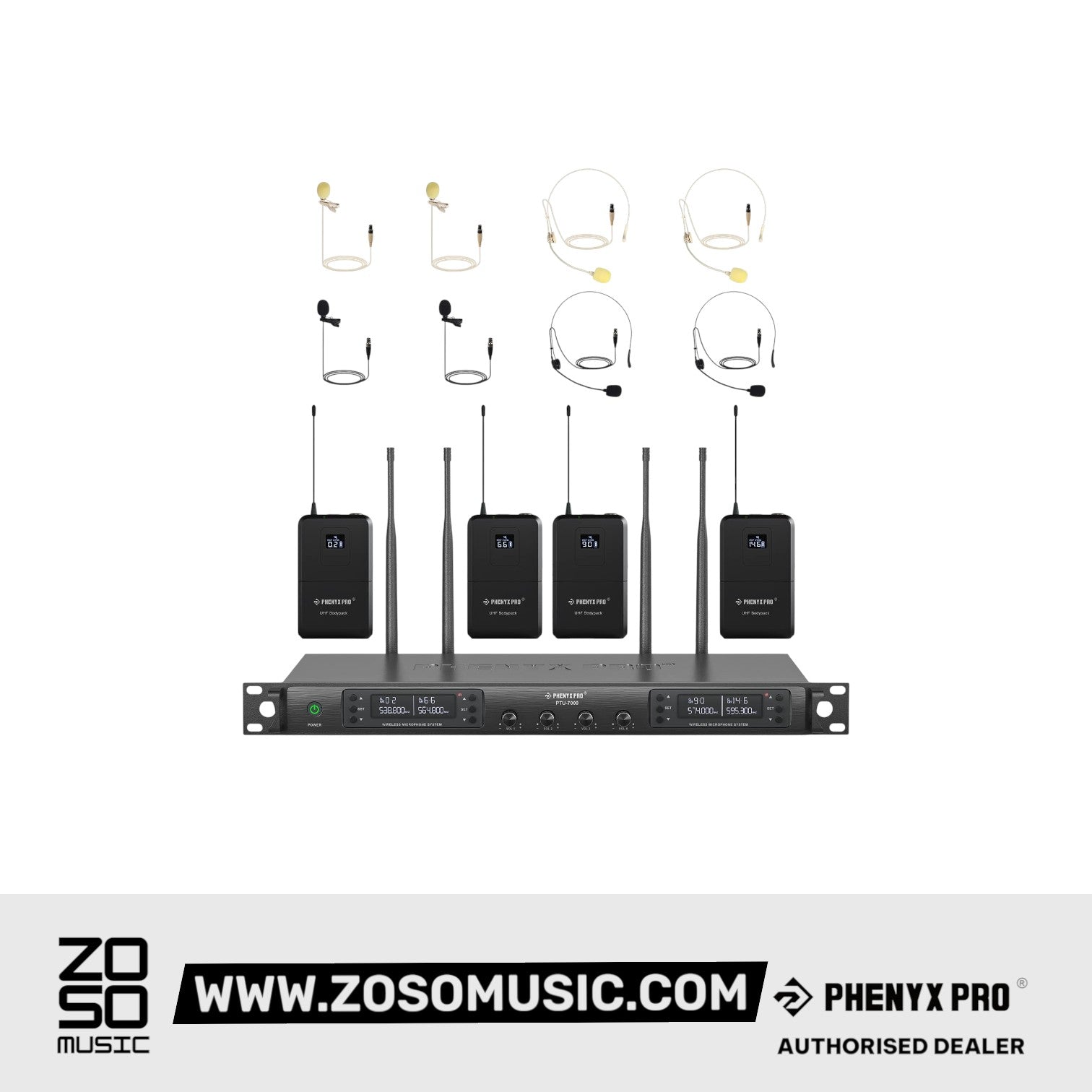Phenyx Pro Best Budget Wireless PTU-7000B 4-channel UHF Wireless Microphone System, with with 4x Bodypacks, 4x Headset Mic, 4x Lapel Mics |  PHENYX PRO |  WIRELESS-ANTENNA |  Zoso Music
