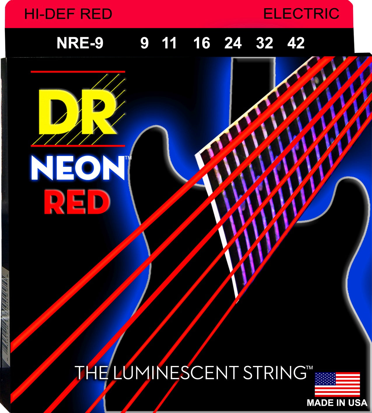 DR Strings NRE-9 NEON Red Coated Nickel Plated Electric Guitar Strings | Light (009 - 042)