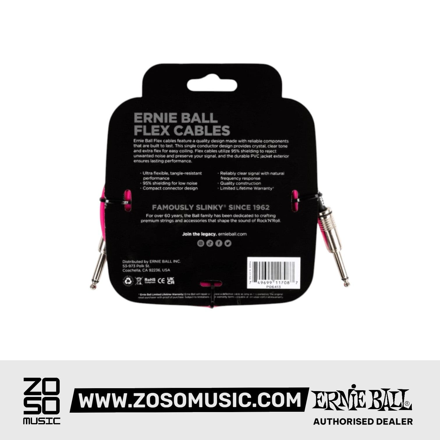 Ernie Ball EB6413 Flex Instrument Cable 10 Ft, Pink |  ERNIE BALL |  STRAP |  Zoso Music