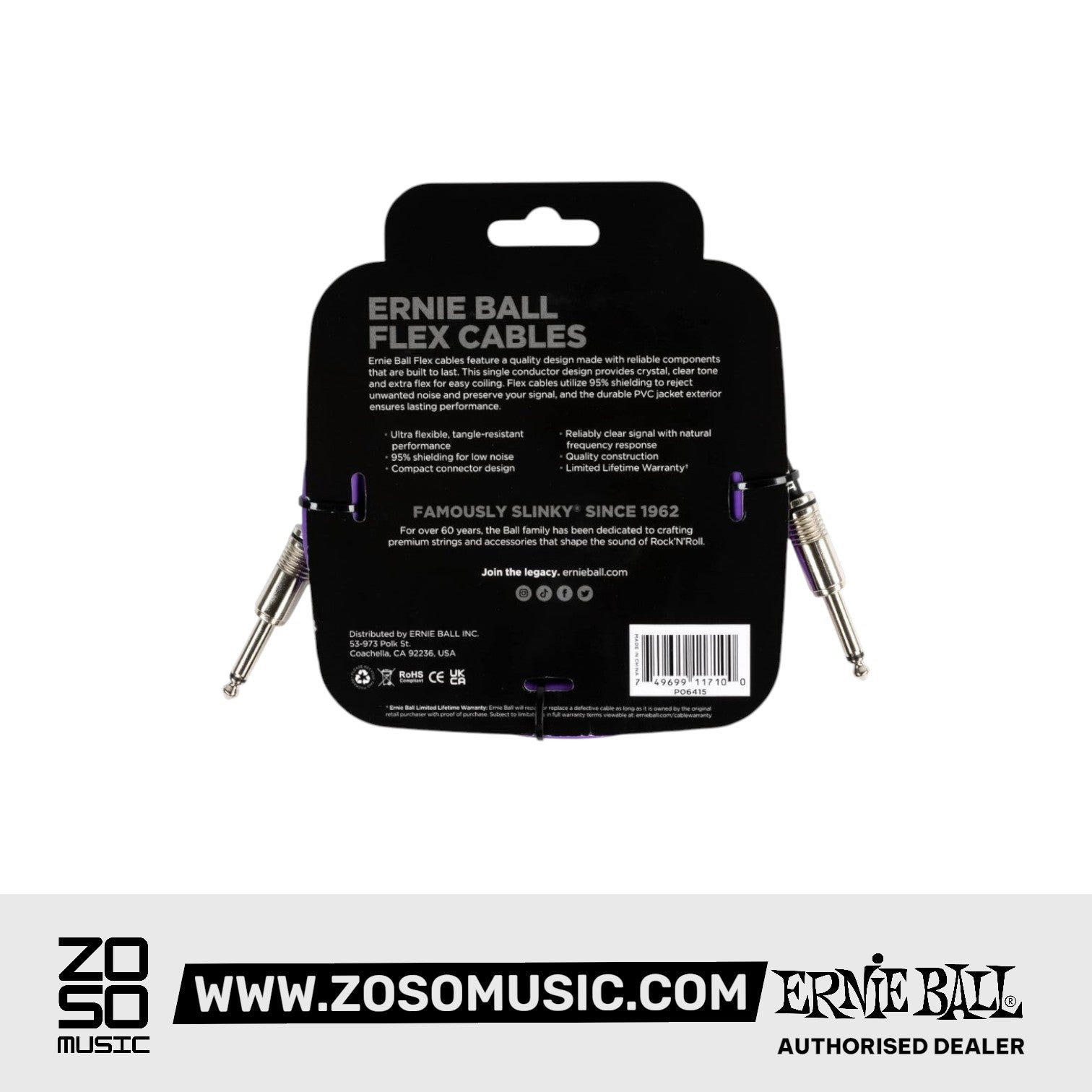 Ernie Ball EB6415 Flex Instrument Cable 10 Ft, Purple |  ERNIE BALL |  STRAP |  Zoso Music