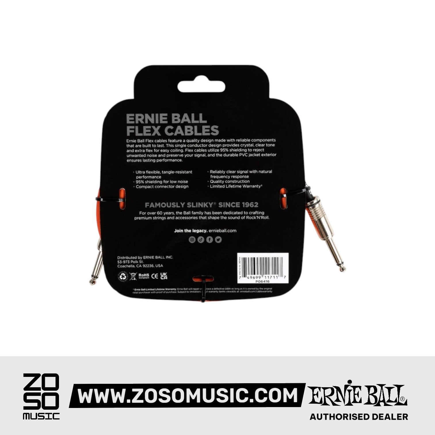 Ernie Ball EB6416 Flex Instrument Cable 10 Ft, Orange |  ERNIE BALL |  STRAP |  Zoso Music