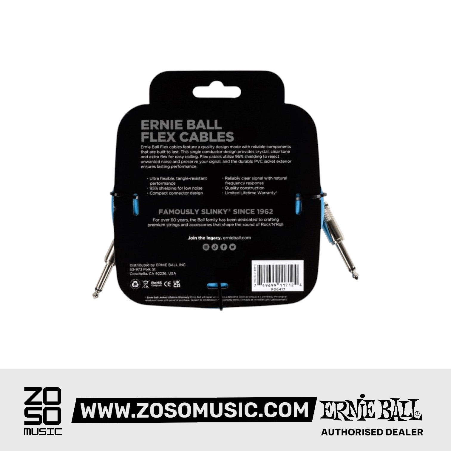 Ernie Ball EB6417 Flex Instrument Cable 20 Ft, Blue |  ERNIE BALL |  STRAP |  Zoso Music