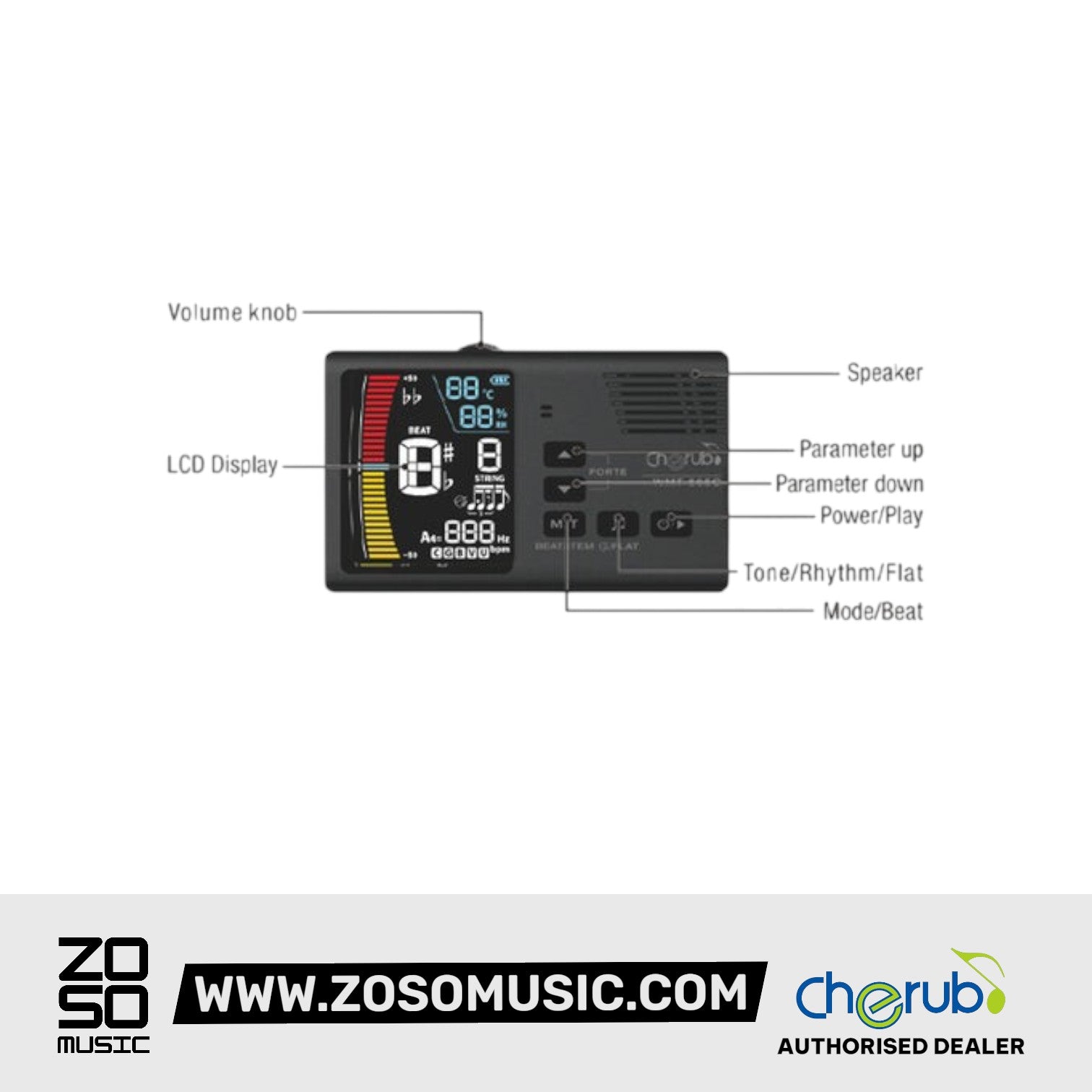 Cherub WMT-565C 5 in 1 LCD Metronome Chromatic Tuner with USB Rechargeable and Thermometer