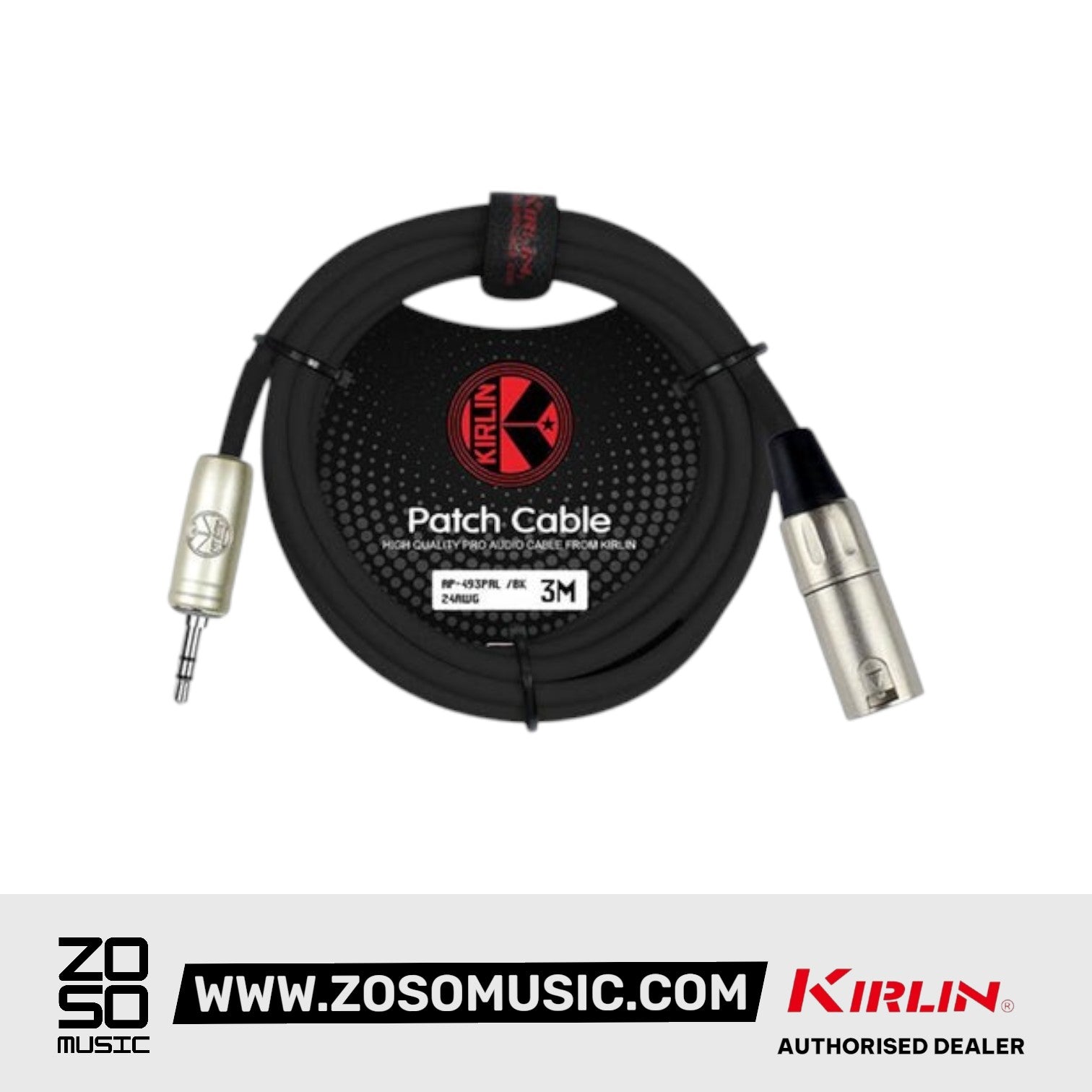 Kirlin AP-493PRL 3 Meter XLR Male to 3.5mm TRS Plug Original Single Patch Microphone Mic Cable - Black