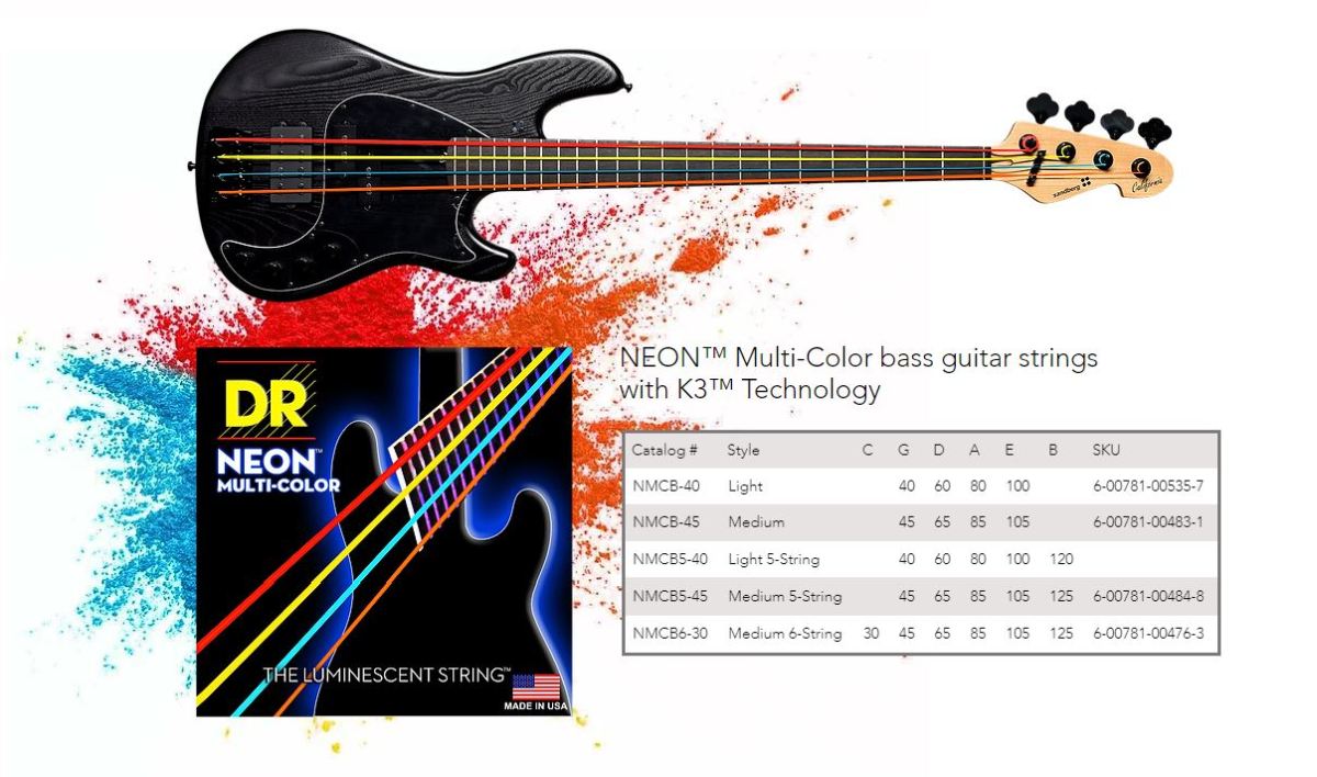 DR Strings NMCB-45 NEON Multi-Colour Coated Nickel Plated Bass Strings | 4-String Medium (045 - 105)