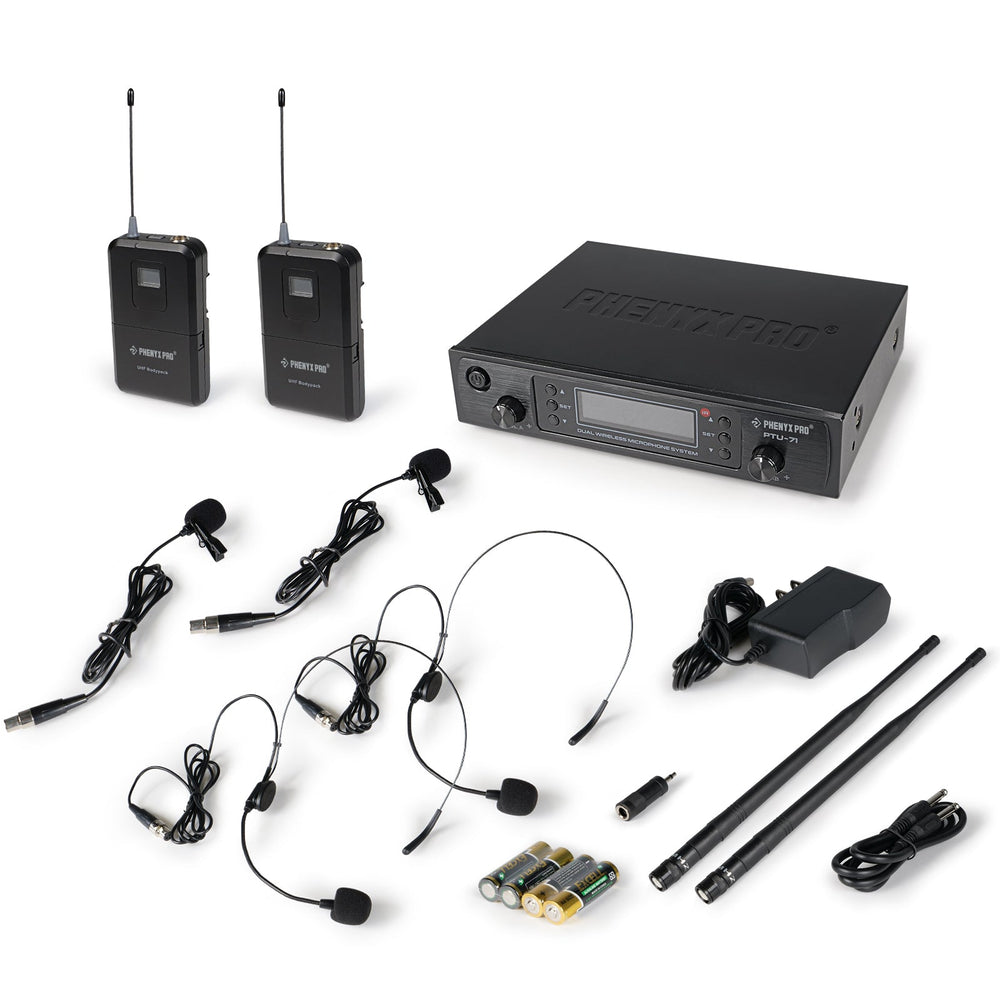 Phenyx Pro PTU-71-2B Dual UHF Wireless Microphone System with 2 Bodypacks