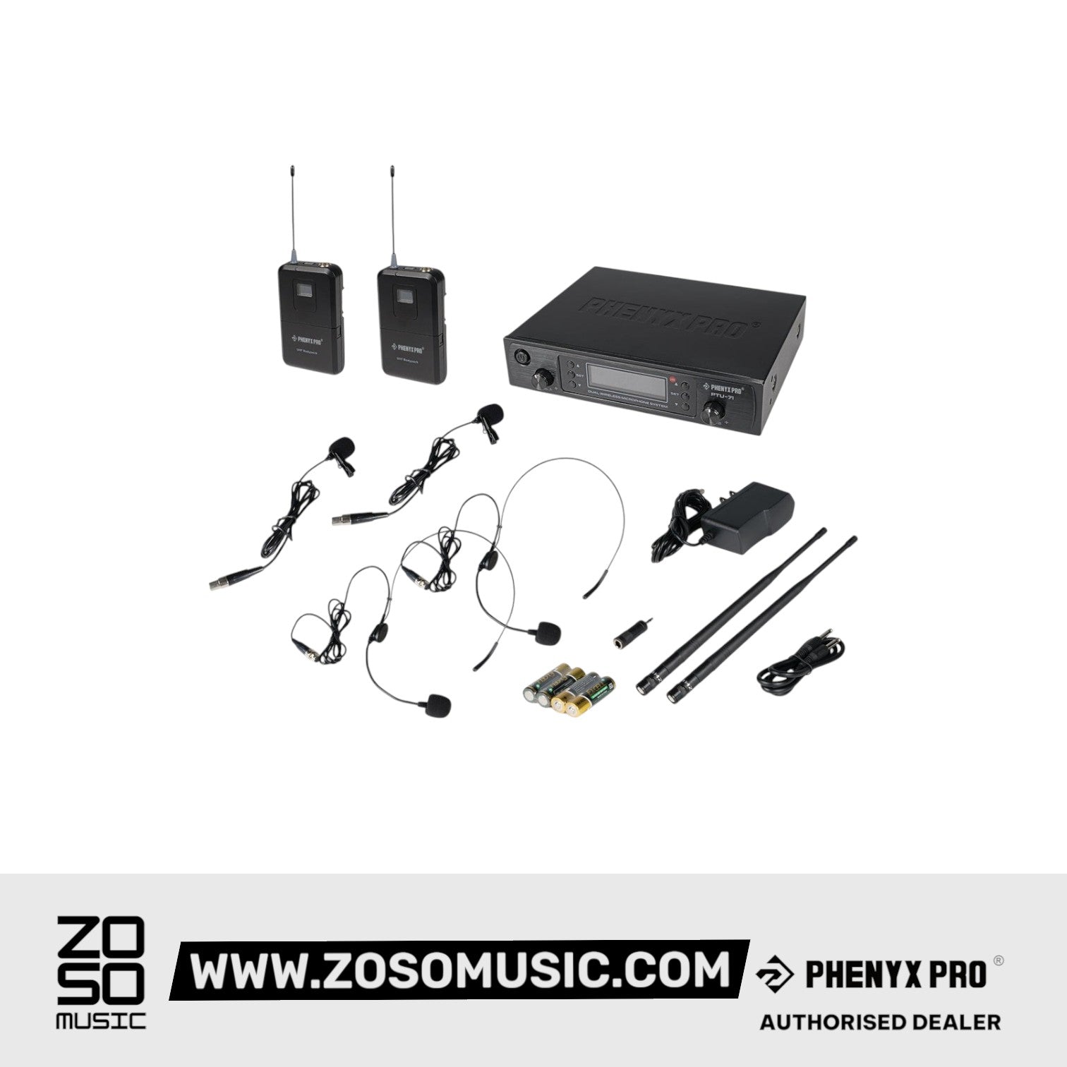 Phenyx Pro PTU-71-2B Dual UHF Wireless Microphone System with 2 Bodypacks |  PHENYX PRO |  WIRELESS-ANTENNA |  Zoso Music
