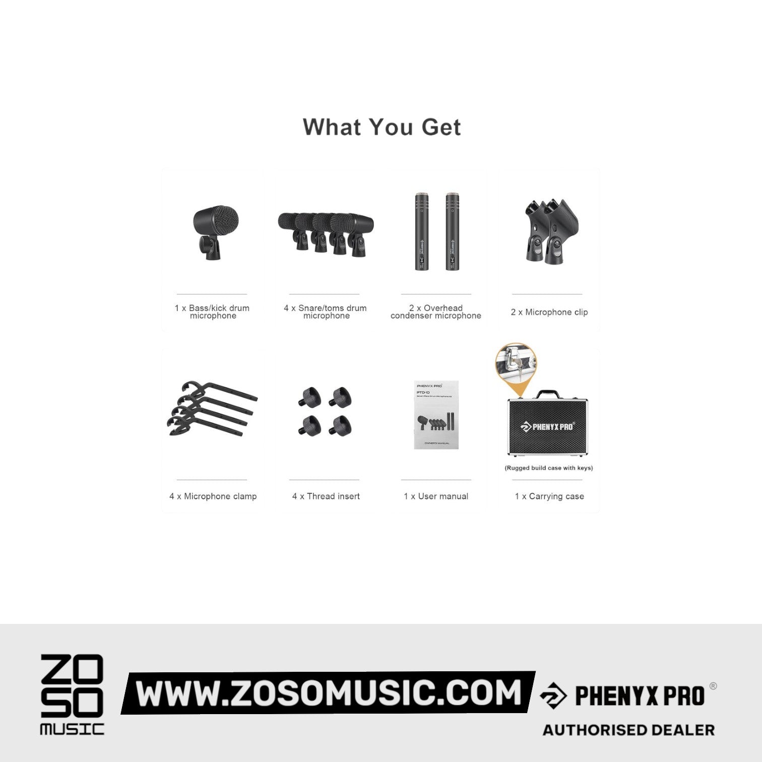 Phenyx Pro PTD-10 Drum Microphone Kit, Drum Mics 7-Pieces, Full Metal Wired Dynamic Drum Mic Set for Bass/Tom/Snare/Hi-hat Cymbals |  PHENYX PRO |  WIRELESS-ANTENNA |  Zoso Music