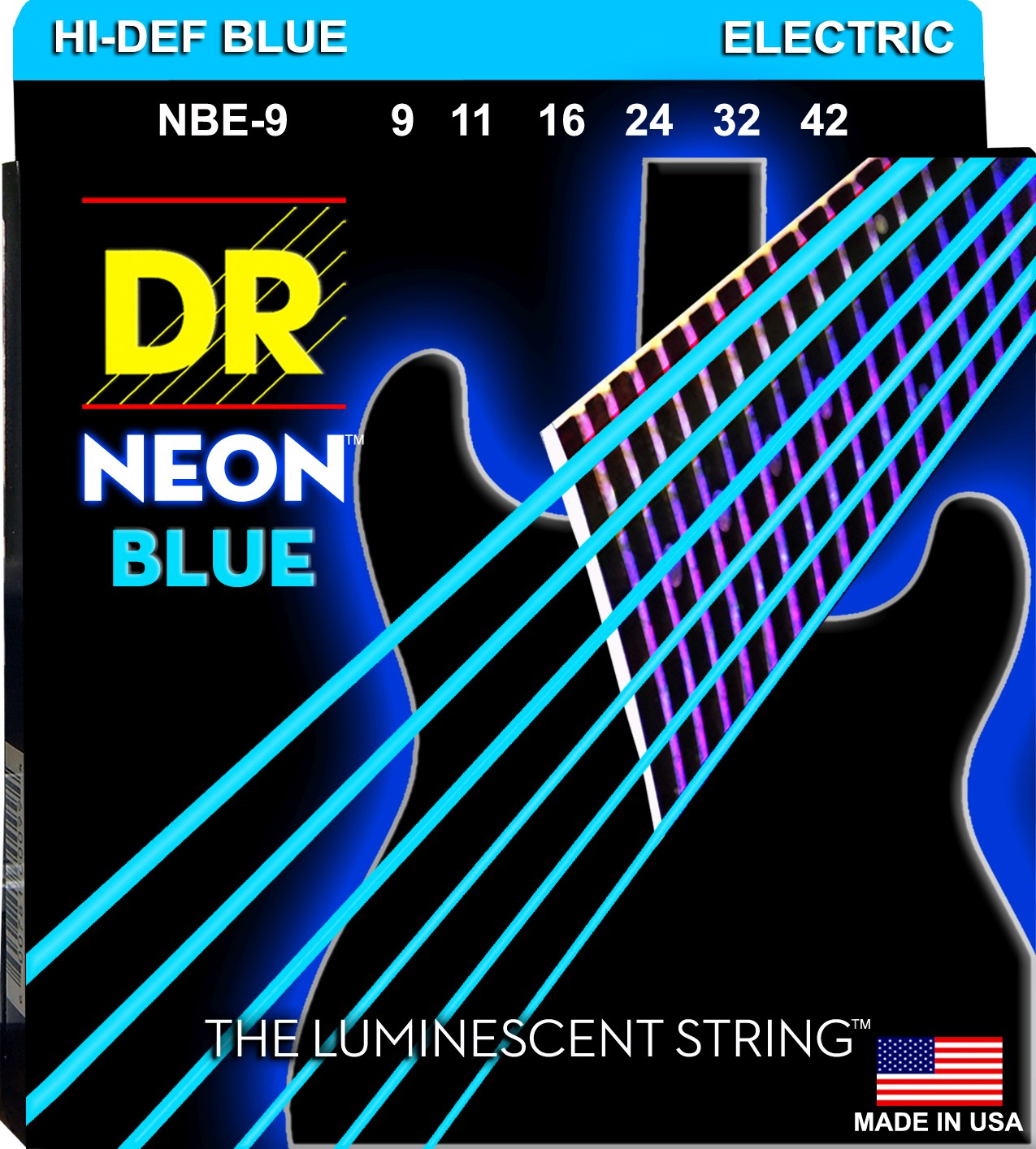 DR Strings NBE-9 NEON Blue Coated Nickel Plated Electric Guitar Strings | Light (009 - 042)