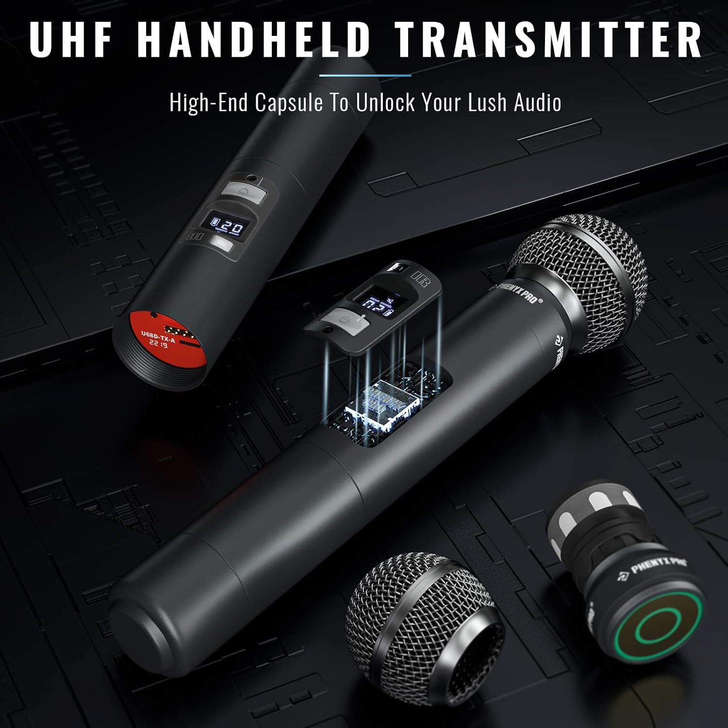 Phenyx Pro Best Budget Wireless PTU-7000A 4-channel UHF Wireless Microphone System, with 4x Handheld Dynamic Microphones