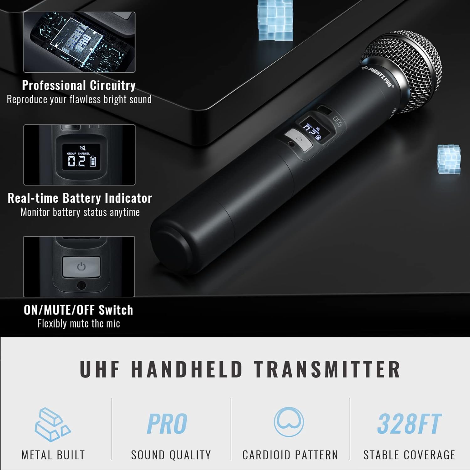 Phenyx Pro Best Budget Wireless PTU-7000A 4-channel UHF Wireless Microphone System, with 4x Handheld Dynamic Microphones