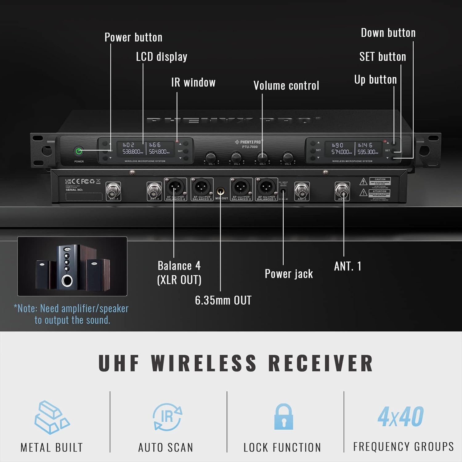Phenyx Pro Best Budget Wireless PTU-7000A 4-channel UHF Wireless Microphone System, with 4x Handheld Dynamic Microphones