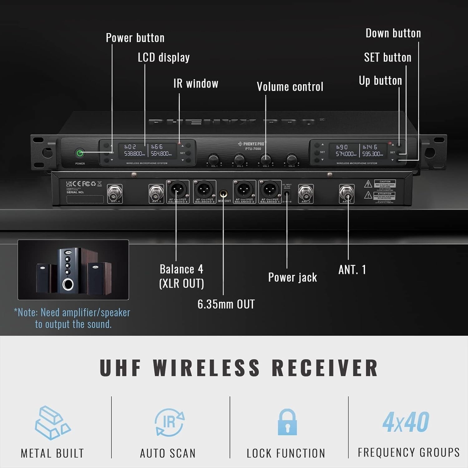 Phenyx Pro Best Budget Wireless PTU-5000A 4-Channel UHF Wireless Microphone System, with 4x Handheld Dynamic Microphones |  PHENYX PRO |  WIRELESS-ANTENNA |  Zoso Music